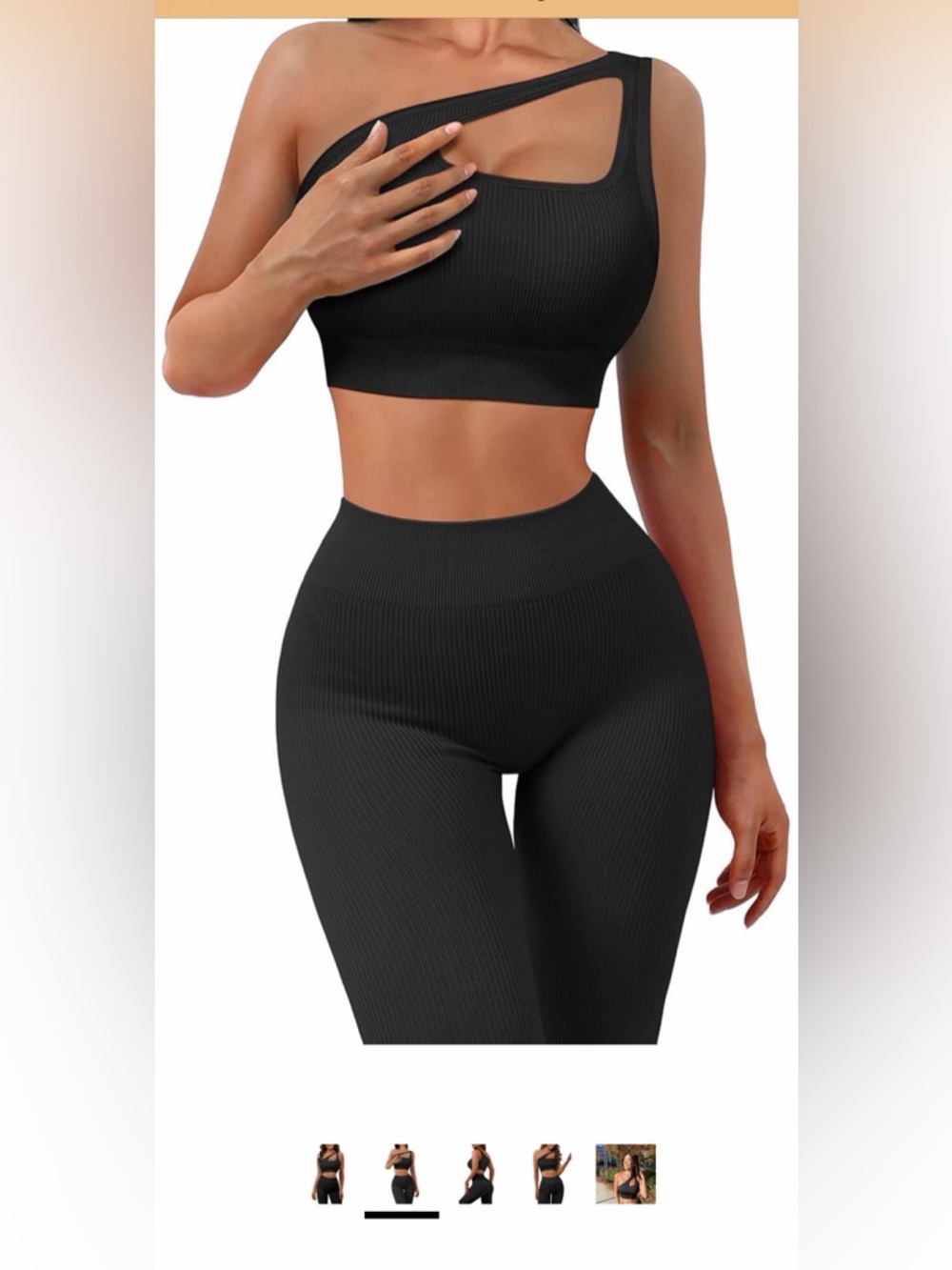 Amazon Black One-Shoulder Ribbed Leggings and Crop Top Set